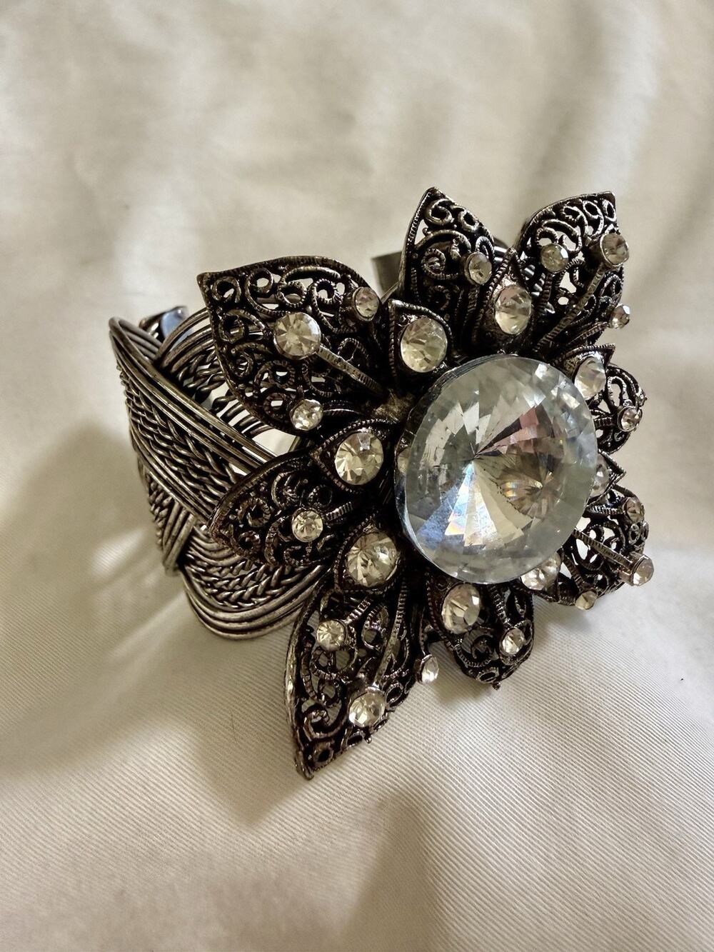 Vintage Oxidized Silver Tone Rhinestone Wide Cuff Bracelet Crystal Filigree